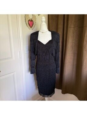 Cache Gold Label Vintage 1980's Fringe Midi Dress with Matching Cardigan